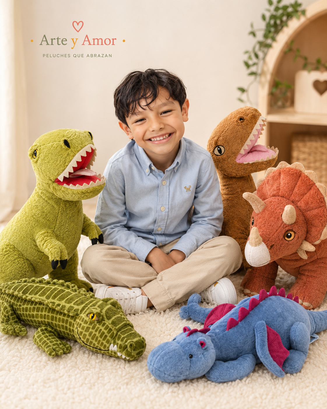Luciano rodeado por la colección de peluches Niños Artistas