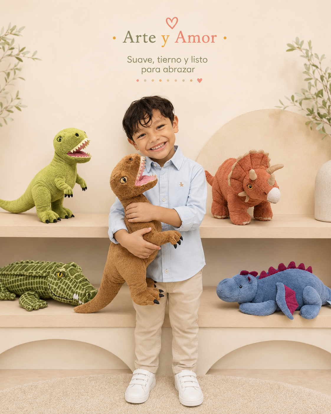 Luciano abrazando un peluche de Niños Artistas en un ambiente cálido y tierno